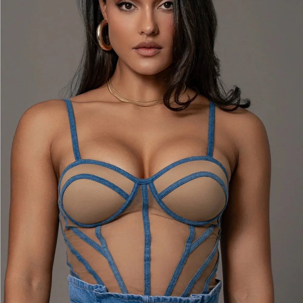 Denim Illusion Mesh Bustier - Picture 3 of 6